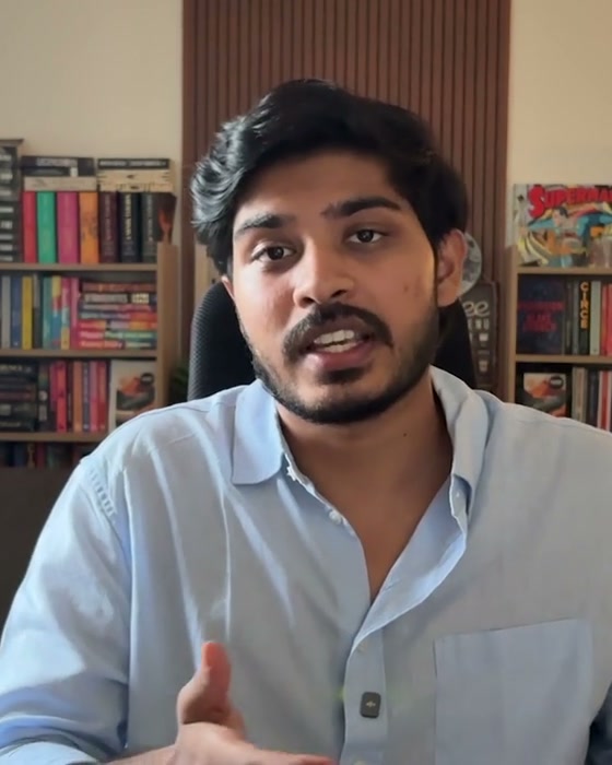 Sathvik Soma talking to camera in his studio